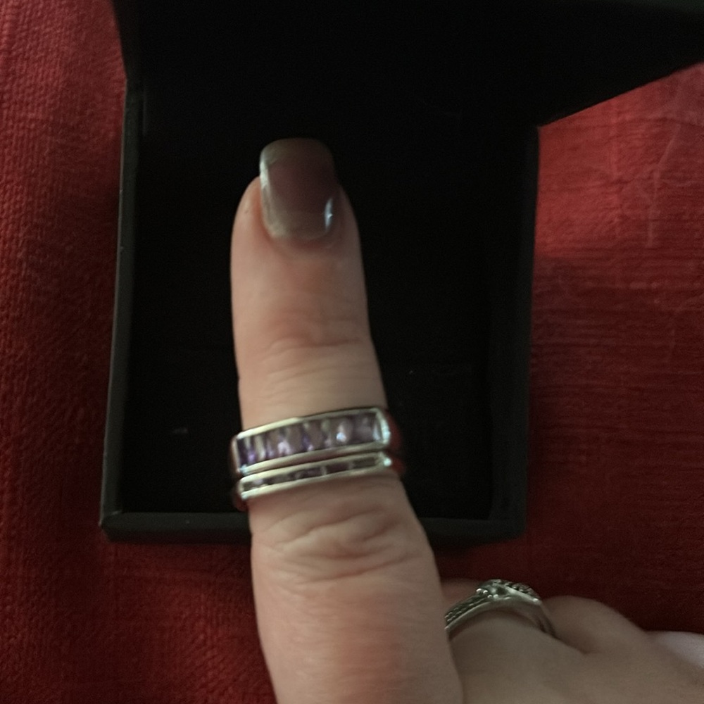 Sterling Silver Square Shaped Double Ring. Amethy… - image 3